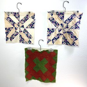 Vintage Set of 3 Quilted Squares Flour Sack Fabric 11"x11" Machine & Hand Stitch